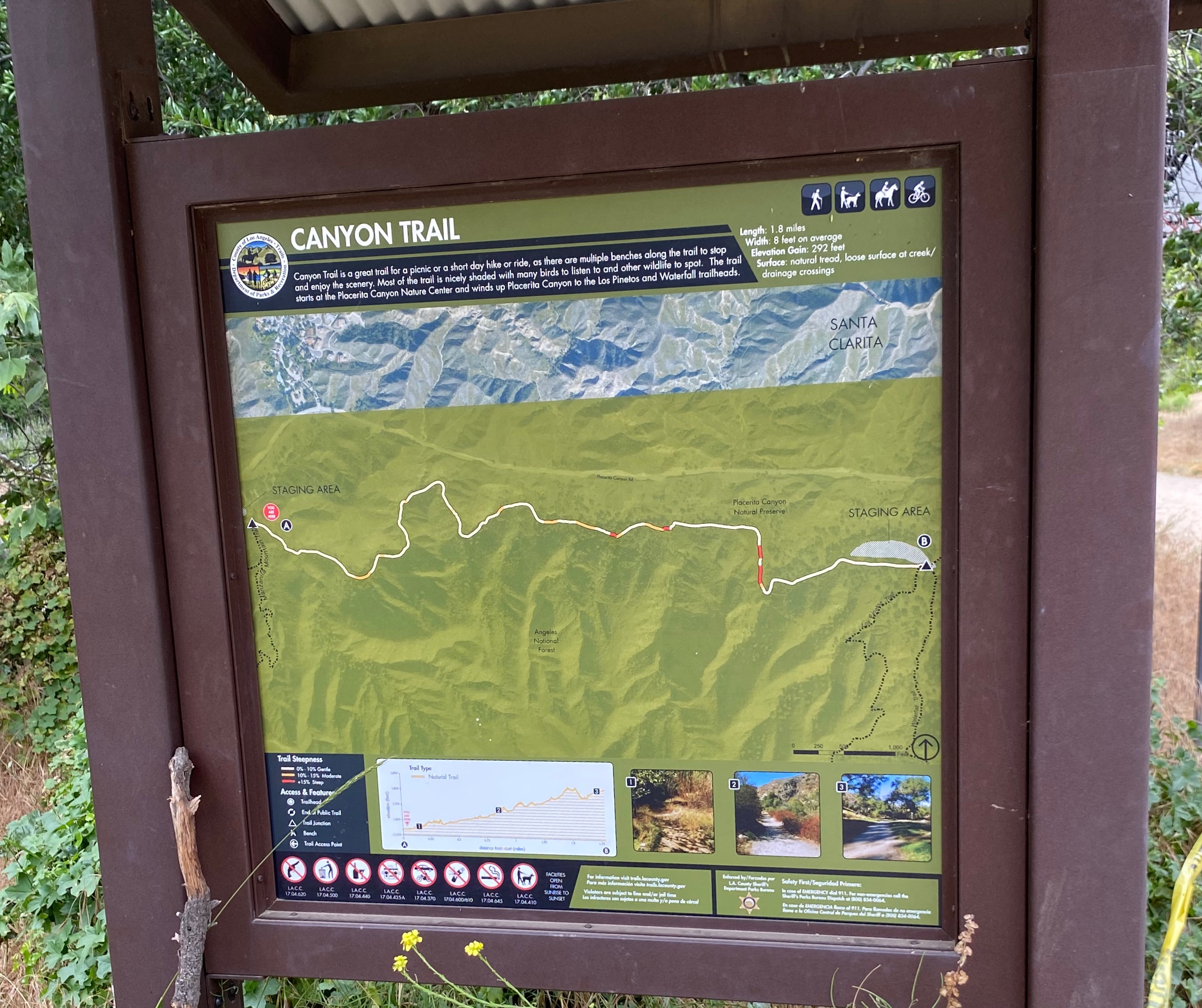 A large trail sign at the beginning of the Canyon Trail in Placerita Canyon in Newhall, CA.